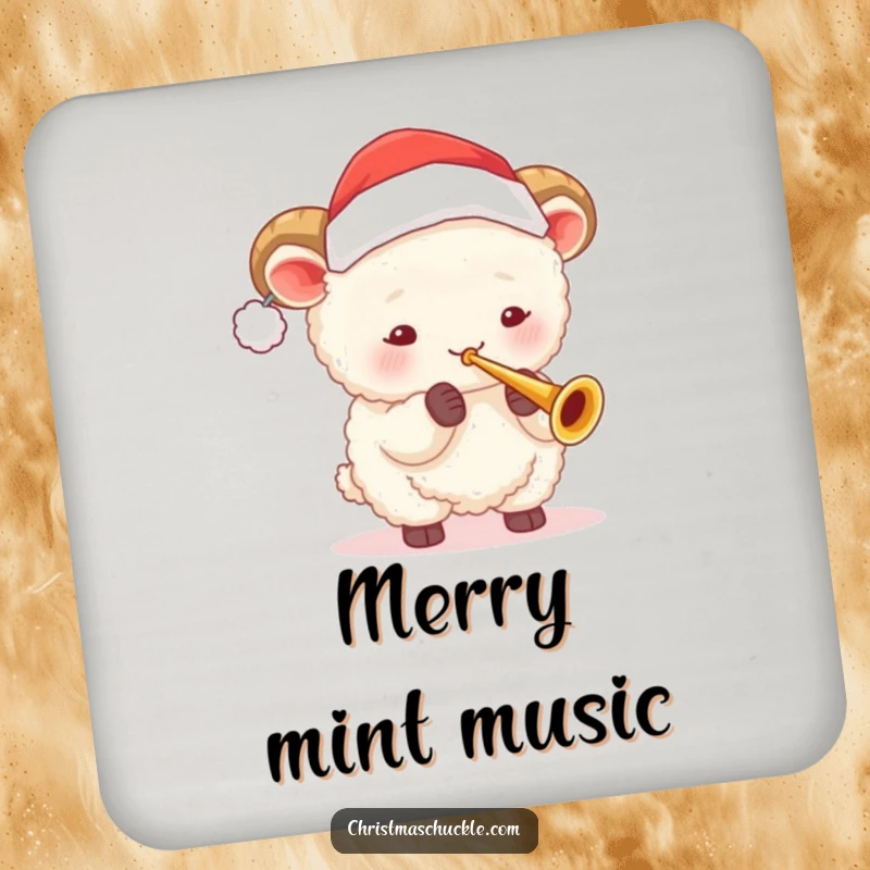 Funny sheep wearing Santa hat plays a tiny trumpet on a drink coaster, protecting surfaces with festive holiday humor.