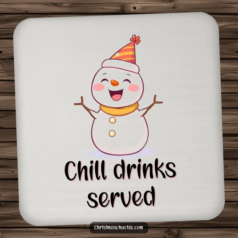 Funny drink coaster featuring a happy snowman wearing a party hat, spinning with joy, protecting surfaces with winter charm.