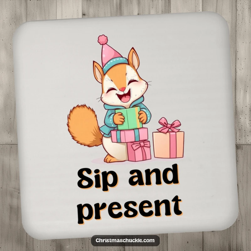 Funny drink coaster featuring a giggling squirrel in a clown suit, hilariously balancing presents, a charming way to protect surfaces.