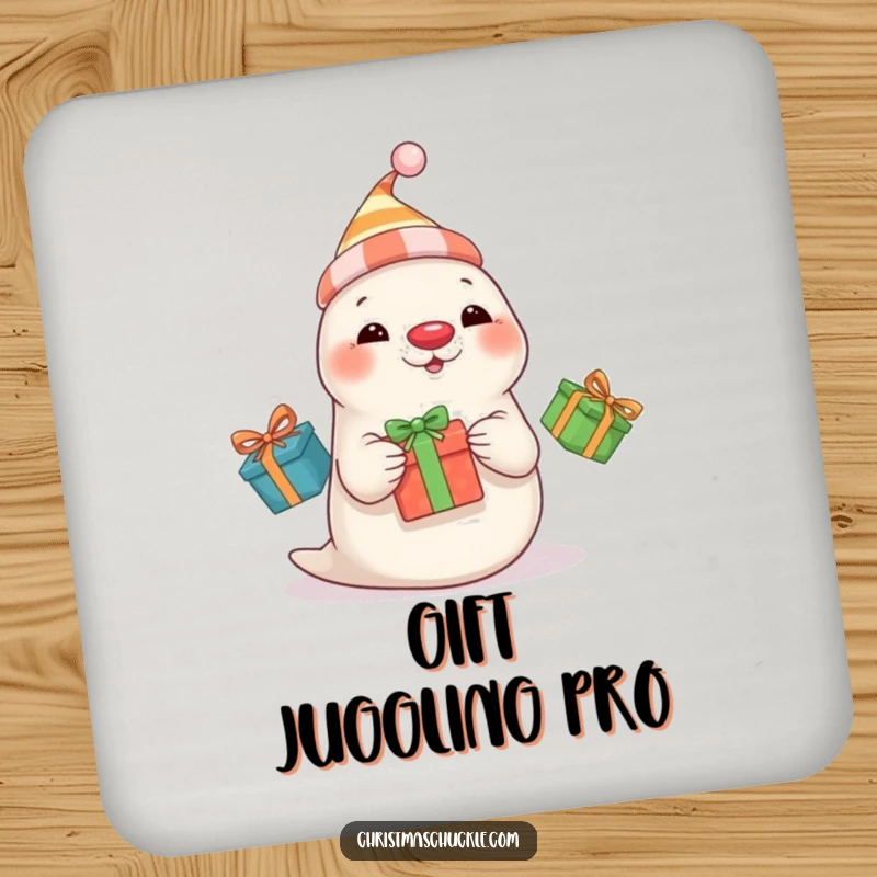 Funny seal clown wearing a hat and red nose juggles three presents, a humorous coaster for drinks.