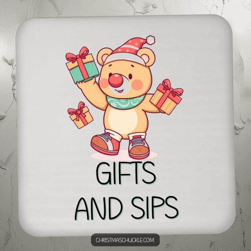 Funny festive bear characters juggling presents, featured on protective coasters, adding circus humor to any drink station.