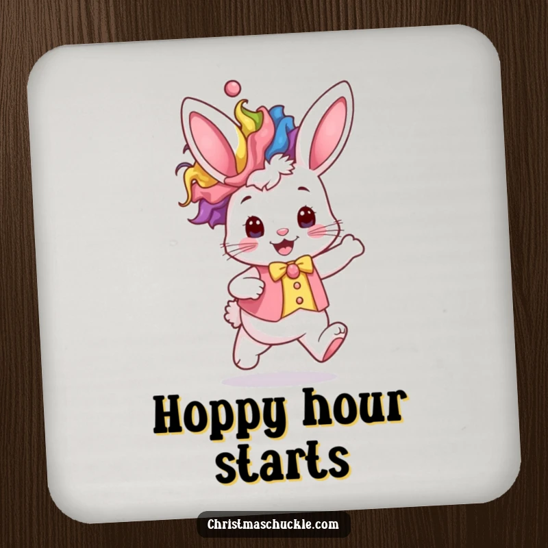 Funny kawaii bunny wearing a rainbow clown wig and waistcoat hops excitedly, a humorous coaster for drinks.