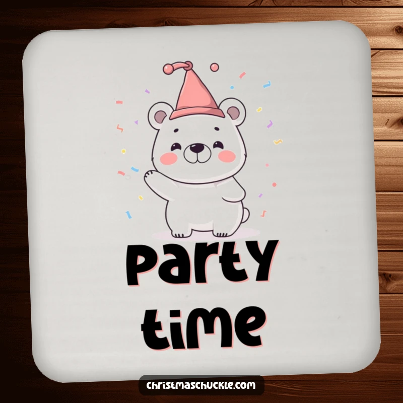 Funny drink coaster featuring a smiling polar bear character in a tiny jester hat, joyfully tossing confetti, a festive touch.