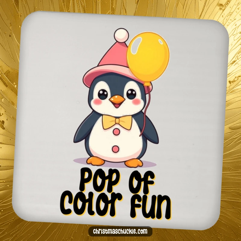 Funny kawaii penguin clown holding a balloon, a protective coaster that adds whimsical humor and cheerful charm to any setting.