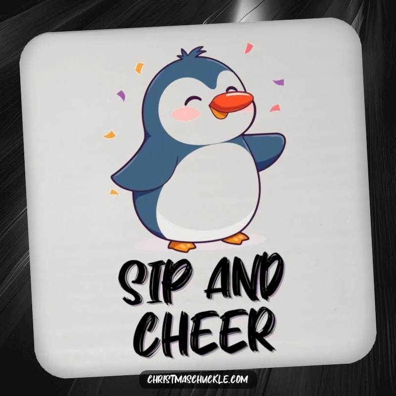 Funny drink coaster featuring a happy penguin balancing a red nose on its beak, with confetti falling, protecting surfaces with charm.