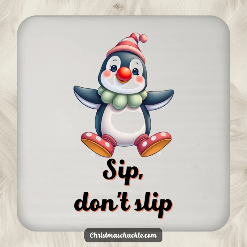 Funny penguin clown coasters, festive and protective, for drinks, featuring the comical character, a humorous and practical home accessory gift.