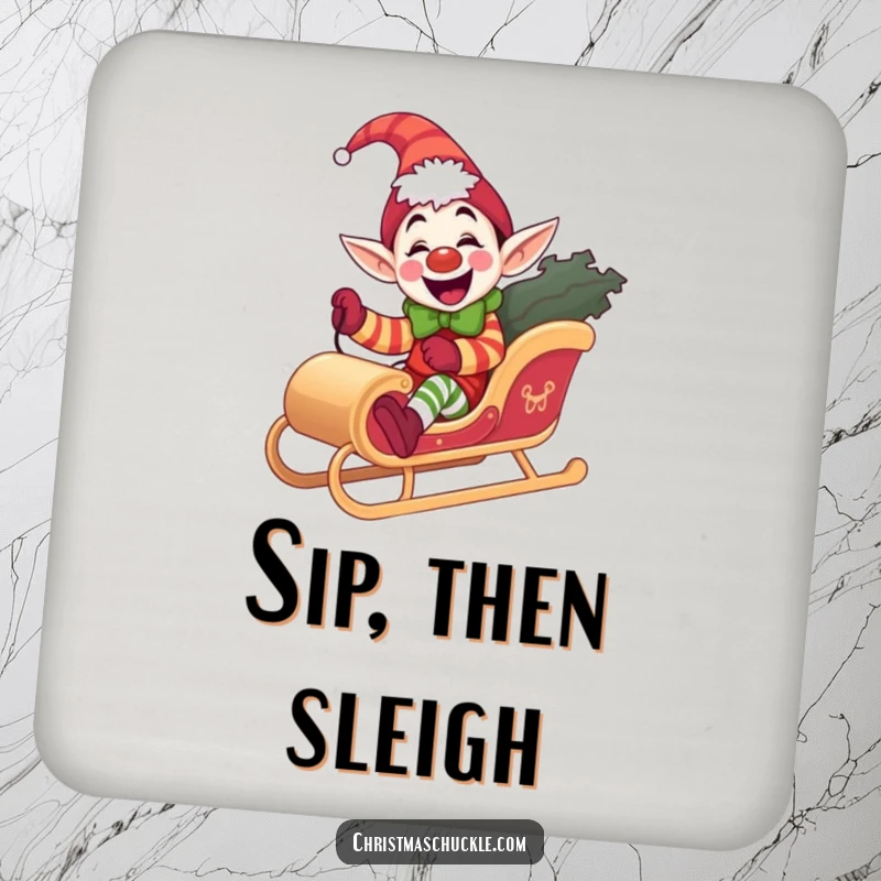 Funny elf clown coasters, giddy and protective, riding a miniature sleigh, a humorous and practical home accessory gift.