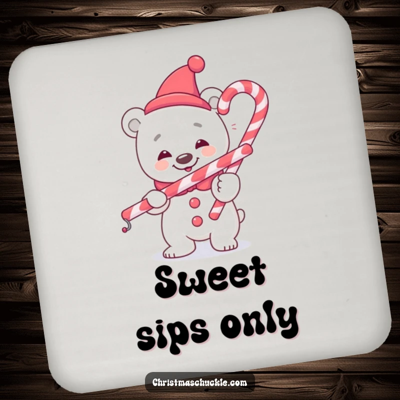 Funny polar bear clown coasters, cheerful and protective, balancing a candy cane, a humorous and practical home accessory gift.