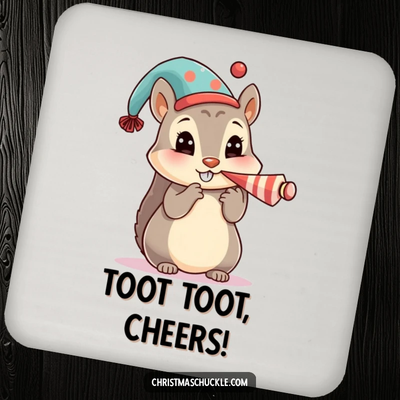 Funny drink coaster featuring a cute squirrel character in a festive hat, honking a tiny clown horn, for playful tables.