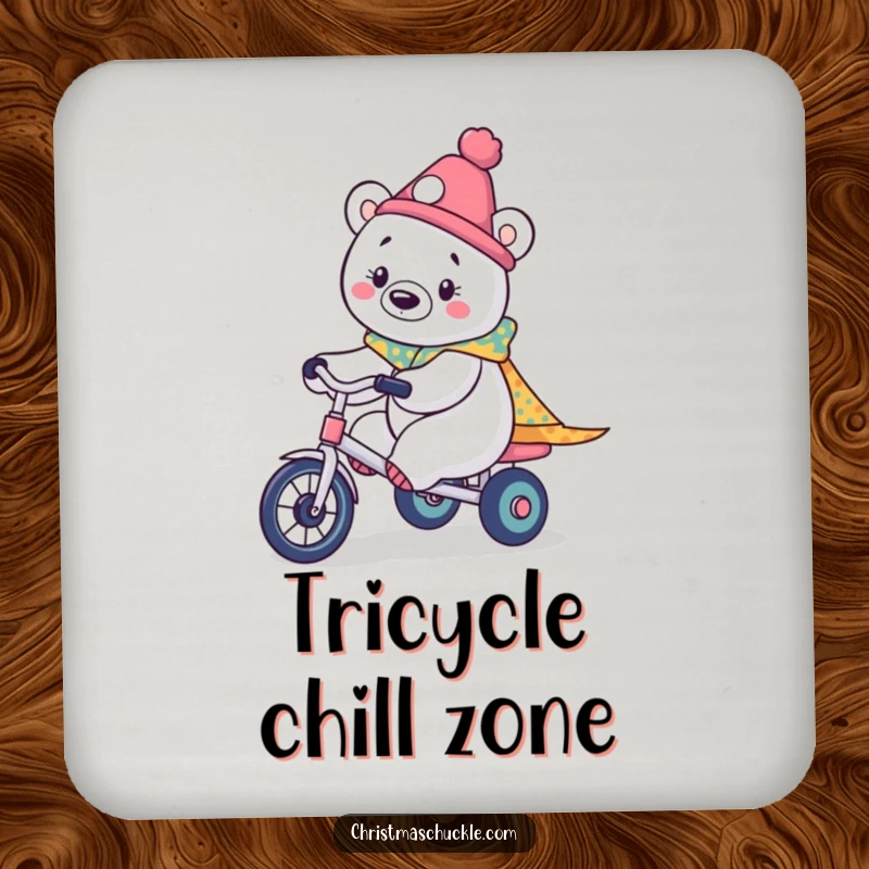 Funny drink coaster with a kawaii polar bear in clown costume, riding a tiny tricycle, providing cute protection for your furniture.