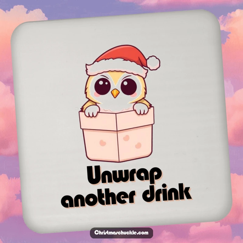 Funny Kawaii Owl Santa Drink Coaster, featuring a cute owl peeking from a gift box, offering festive surface protection.