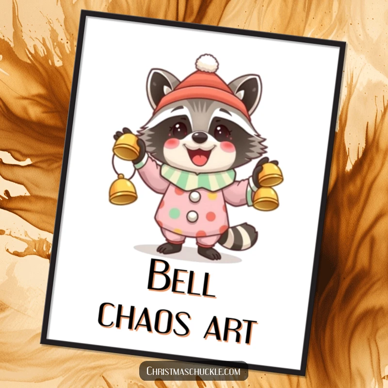 Funny poster featuring a happy raccoon clown juggling three festive jingle bells, ready for the holidays.