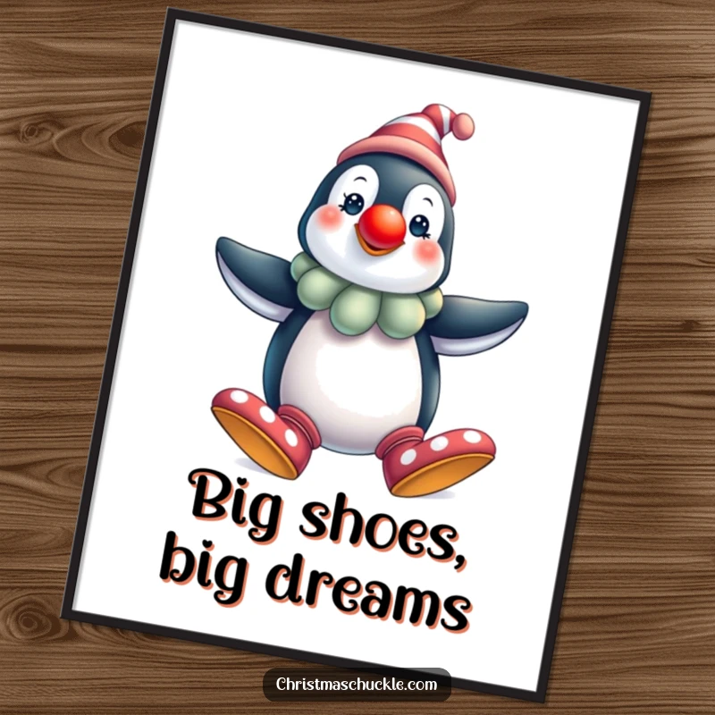Funny penguin clown poster, festive art, showing a comical character with a red nose and big shoes, perfect for wall decor, funny gift.