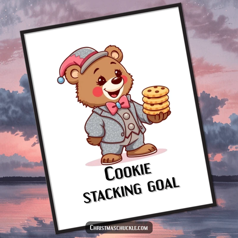 Funny bear clown poster, wearing a sparkly suit, determinedly balancing a stack of festive cookies, whimsical and comical wall art.