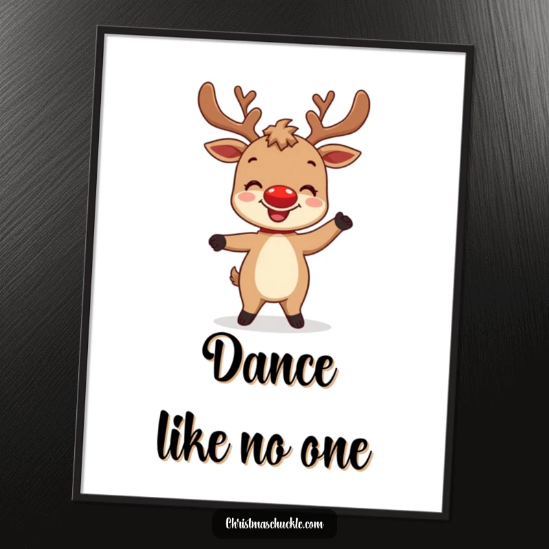 Funny poster print of a delighted reindeer character with a bright red nose attempting a silly dance, embodying festive merriment.
