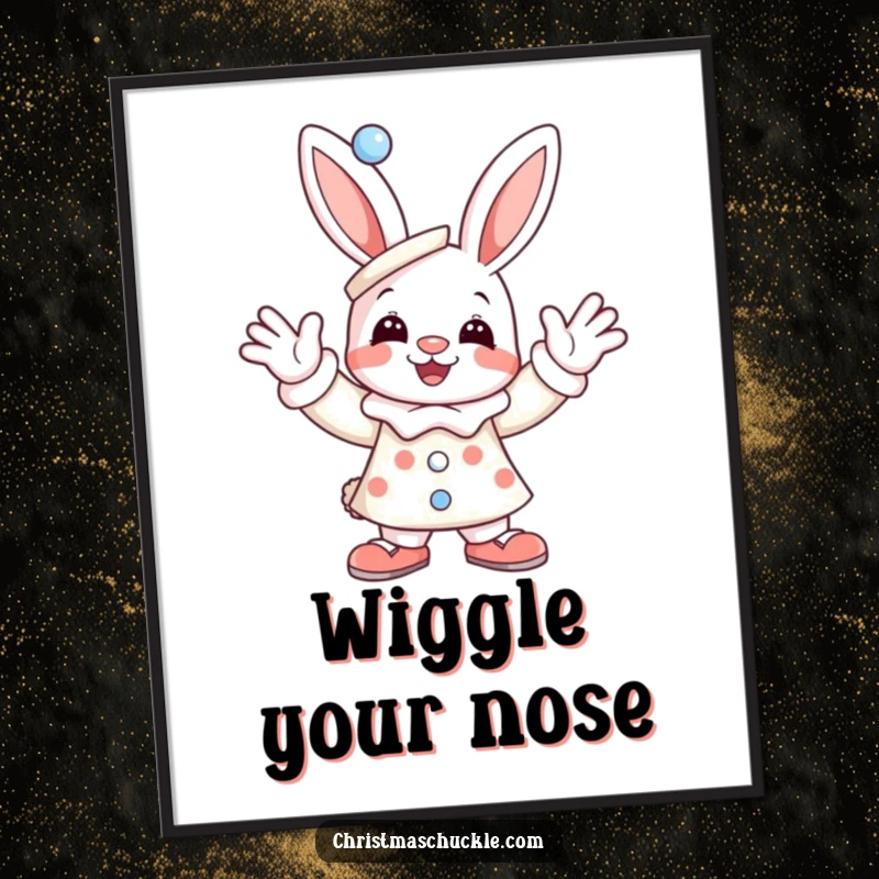 Funny poster print of a joyful bunny dressed as a clown, enthusiastically waving, adding a cheerful and comedic touch to any wall.