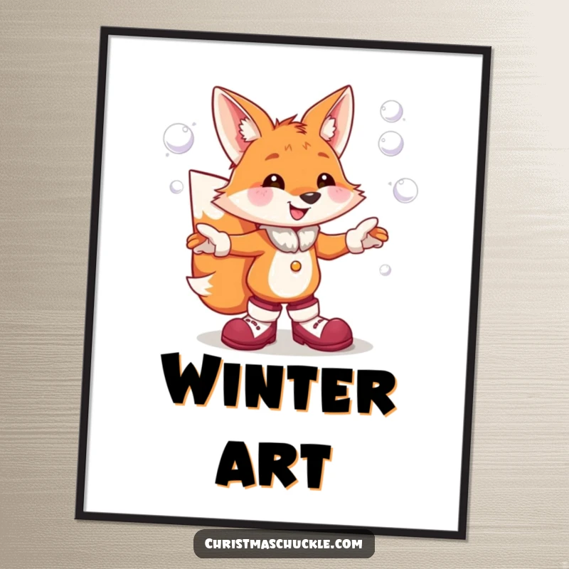 Funny poster illustration of a cheerful fox in clown shoes, humorously juggling snowball projectiles, adding a playful touch to any wall.
