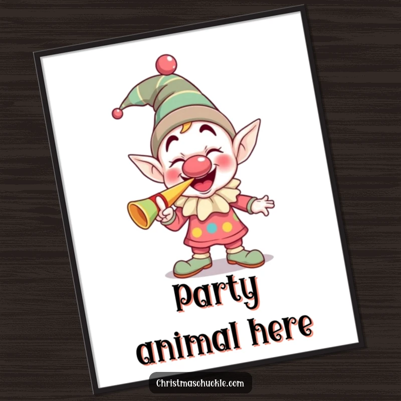 Funny giggling elf clown with a squeaky nose enthusiastically blowing a party horn, humorous wall art for celebrations and parties.