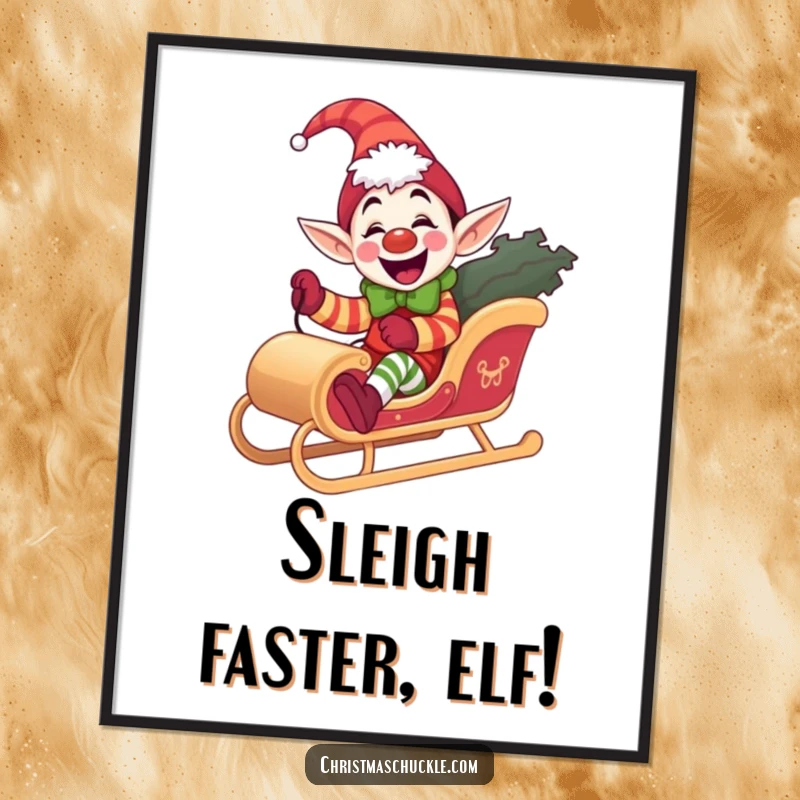 Funny elf clown poster, joyful art, riding a miniature sleigh with glee, perfect for wall decor, a funny gift.
