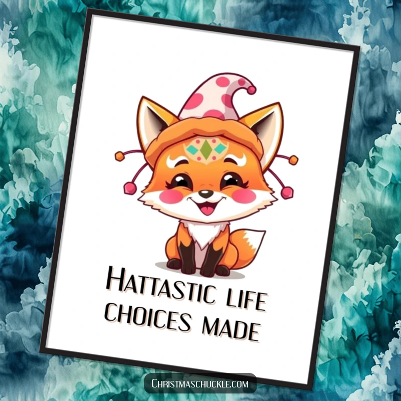 Funny fox with clown paint, trying on an enormous festive hat, displayed as a vibrant, funny poster.