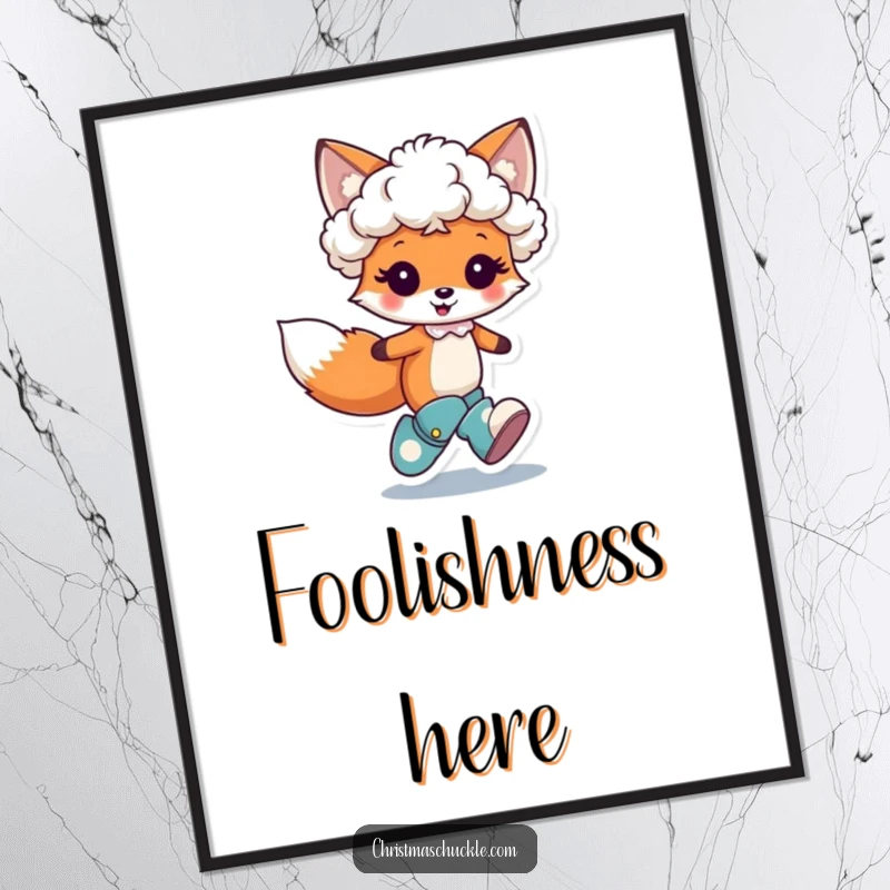 Funny poster print of a cute fox character hopping joyfully, wearing a tiny clown wig and oversized boots, radiating whimsical fun.