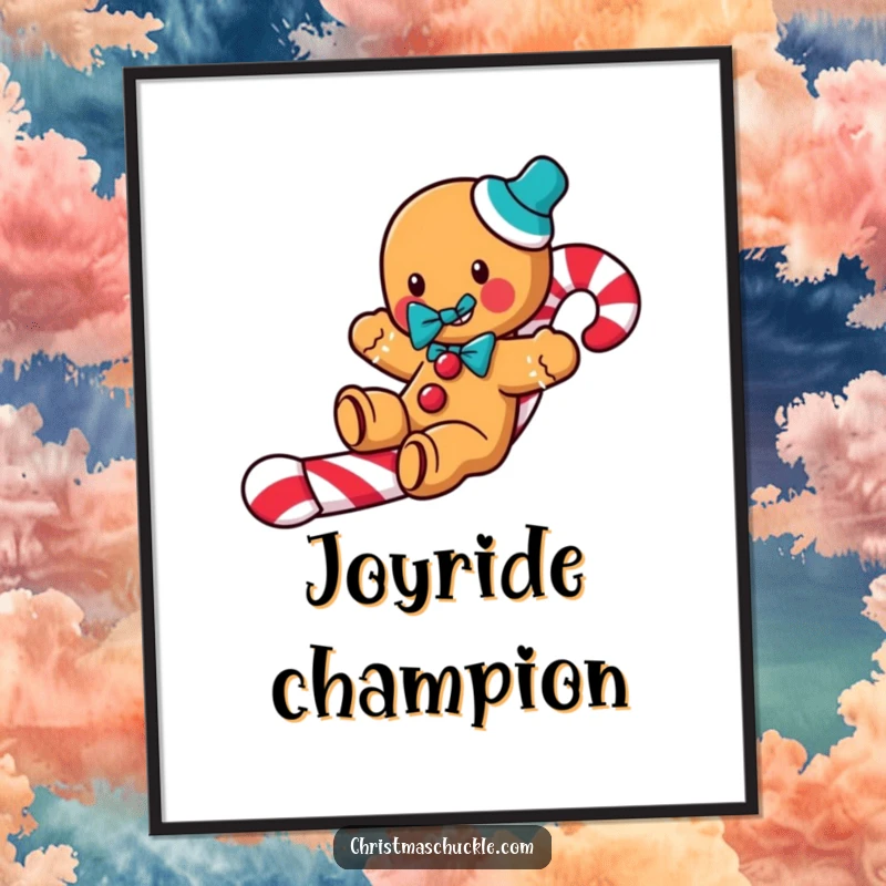 Funny Gingerbread Clown Poster: A jolly gingerbread man with a clown bow tie slides down a candy cane, bringing festive humor to walls.