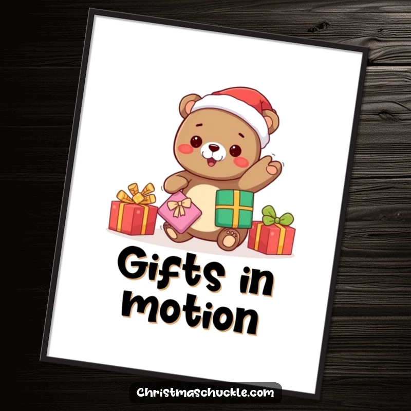 Funny kawaii bear Santa juggling gifts with glee, a festive poster adding humorous holiday charm to any wall space.