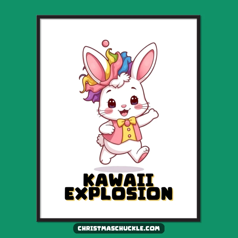 Funny Kawaii Bunny Poster: Rainbow Clown Hop Art for Whimsical Wall Decor