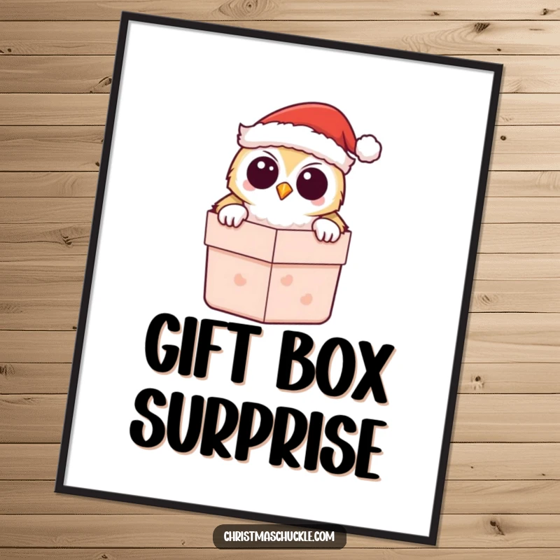 Funny Kawaii Owl Santa Poster, showcasing a cute owl peeking from a gift box, adding festive charm to walls.