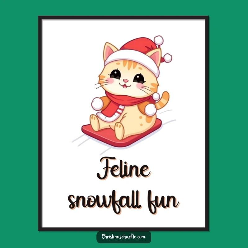 Funny Kawaii Santa Cat Poster: Cute Feline Sliding Down Snowy Hill, Festive Funny Gift