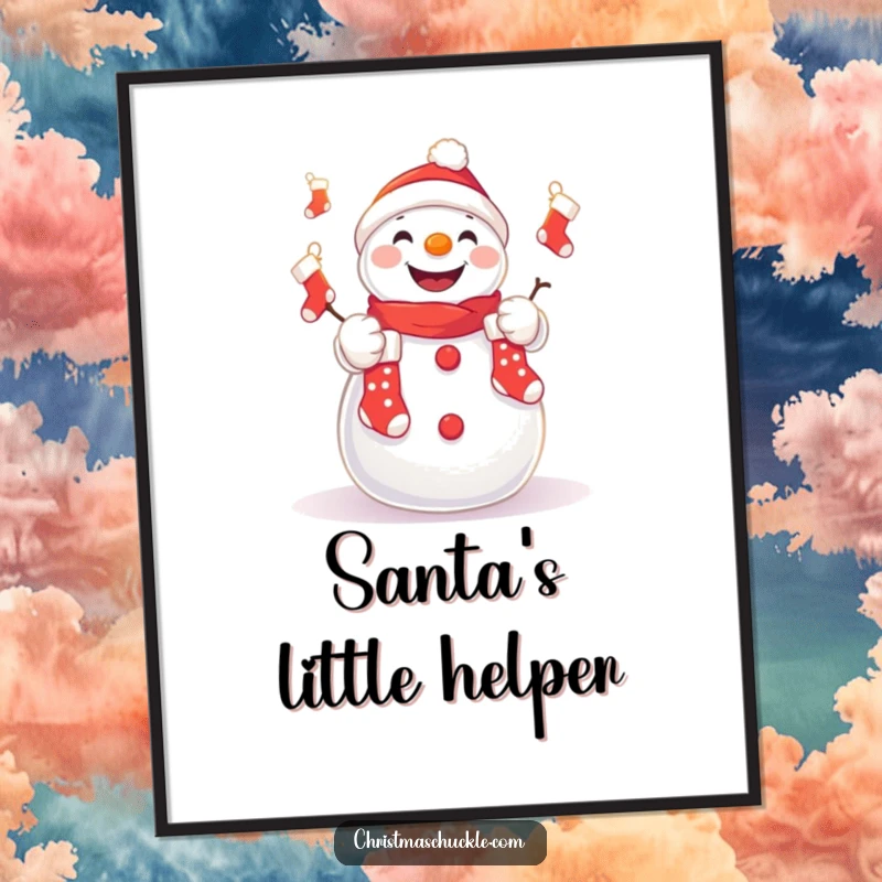 Funny poster of a cute kawaii snowman juggling tiny Christmas stockings with a grin, festive and humorous wall art.