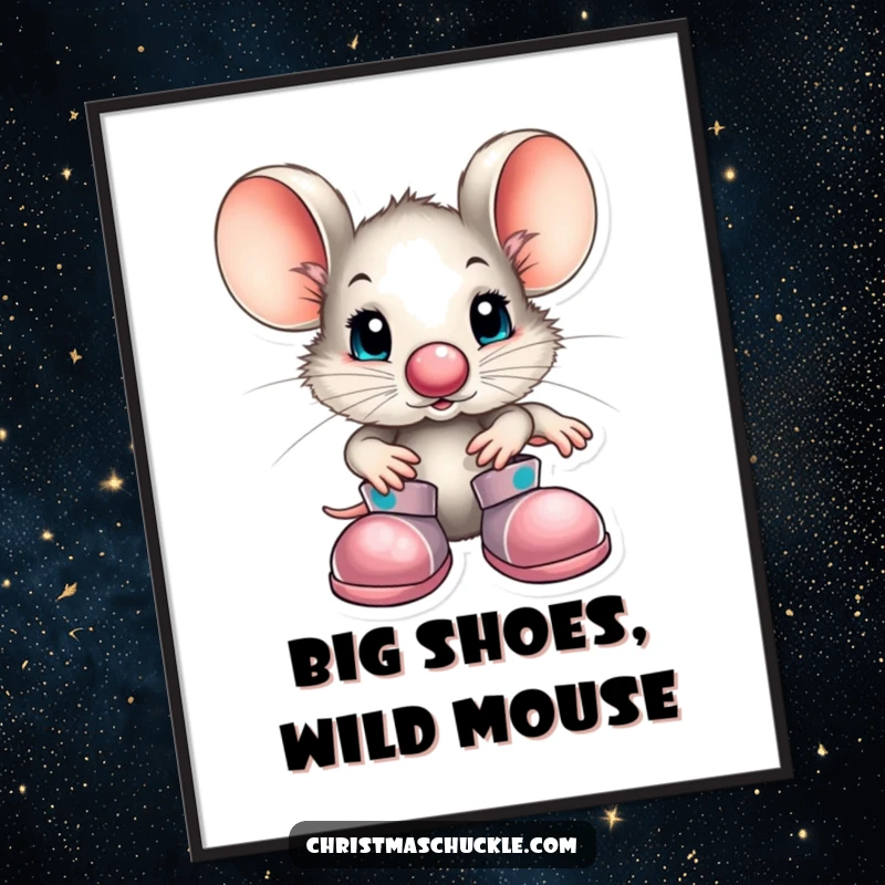 Funny little mouse wearing a tiny clown nose and huge shoes, presented as a charming poster for wall decor, evoking playful humor.
