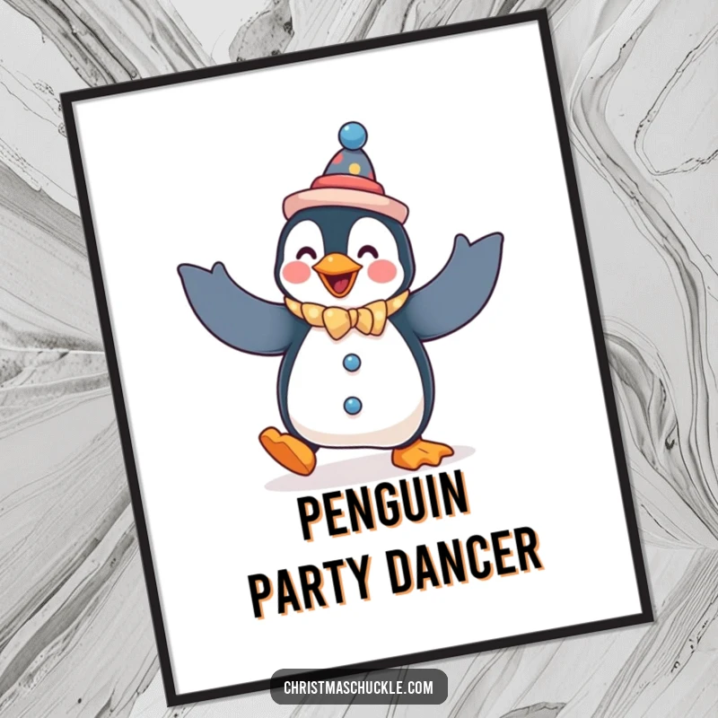 Funny penguin poster, a penguin dressed as a clown, doing a silly dance with flapping arms, humorous wall art.