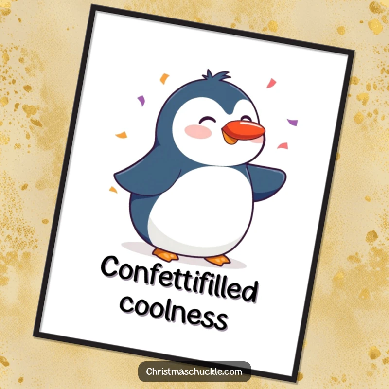 Funny poster of a cheerful penguin balancing a red nose on its beak, with colorful confetti falling, creating a festive and joyful atmosphere.