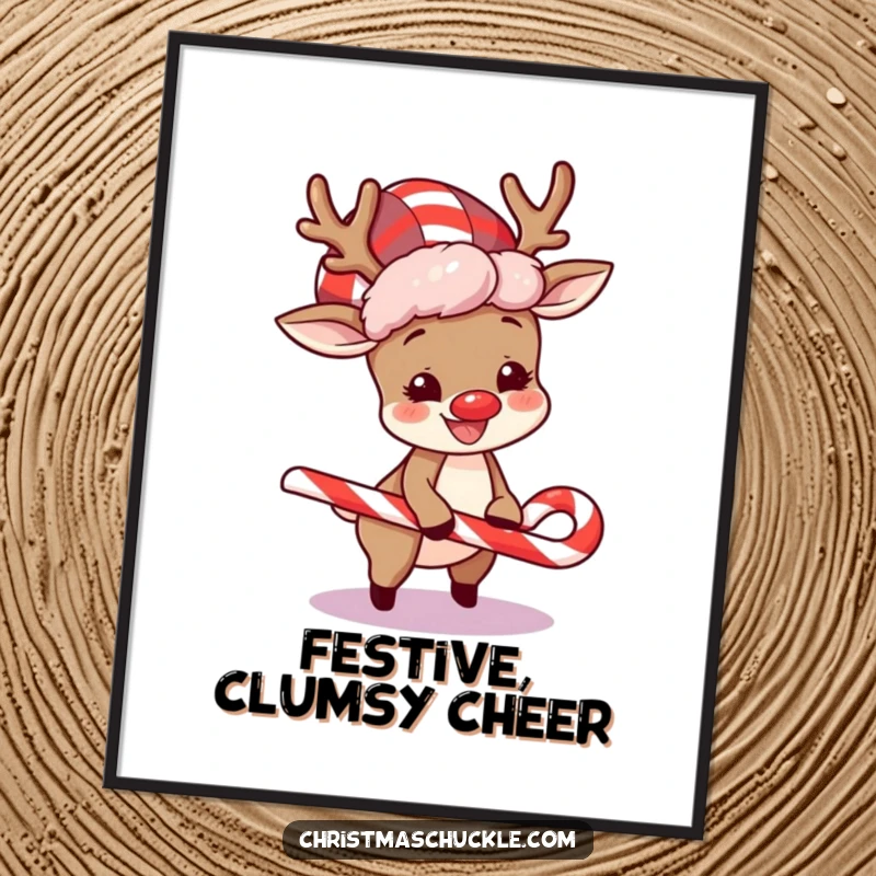 Funny poster art of a happy reindeer wearing a clown wig, comically tripping over a candy cane in a festive setting.