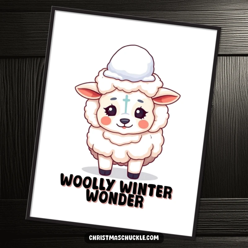 Funny poster art of a fluffy sheep with clown makeup, humorously balancing a snowball on its head against a winter backdrop.
