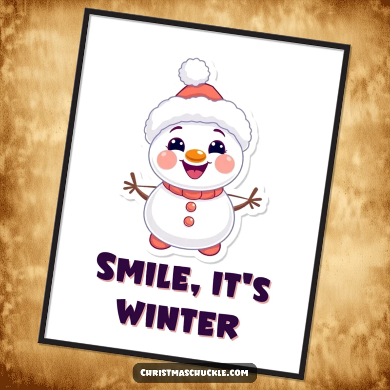 Funny kawaii snowman clown poster, cute winter art, smiling with carrot buttons, perfect for wall decor, a humorous gift.