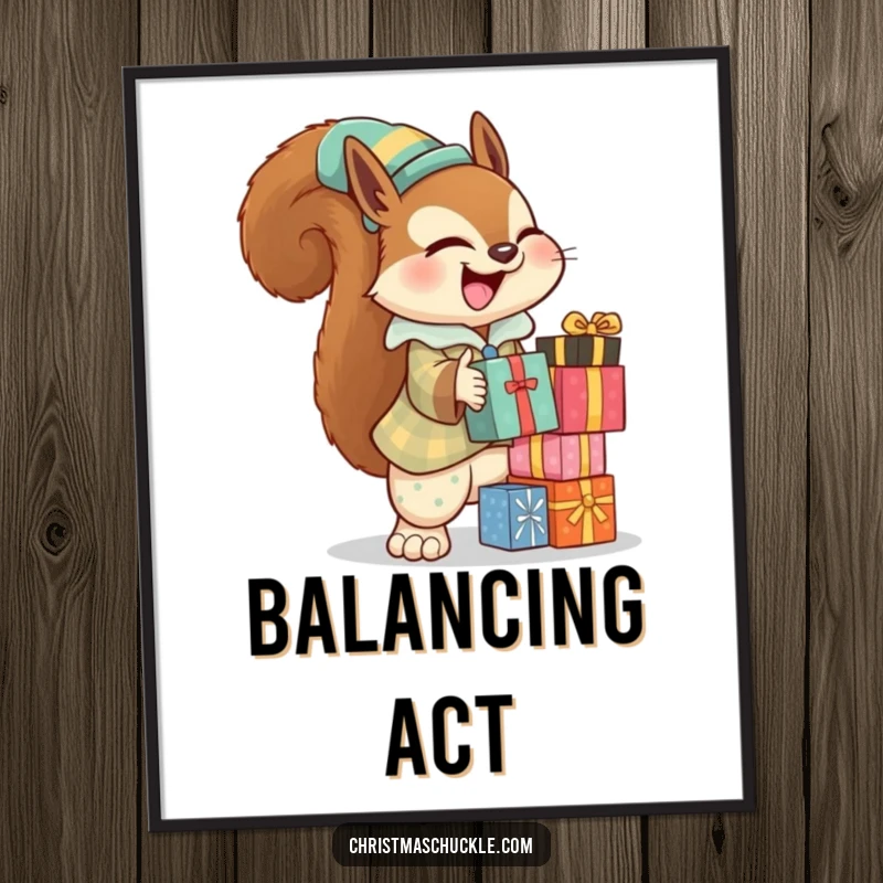 Funny squirrel clown poster featuring a happy squirrel in a clown suit, skillfully balancing a tower of presents.