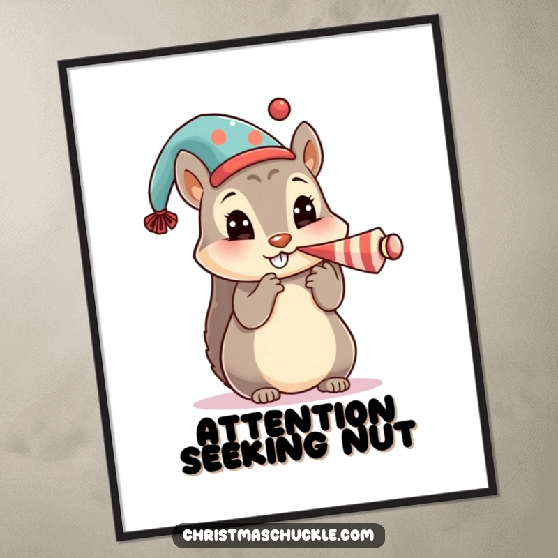 Funny poster art of a cute squirrel character wearing a festive hat and honking a tiny clown horn with gusto.