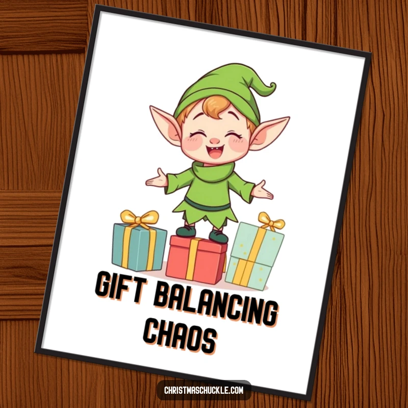 Funny clumsy elf character enthusiastically balancing multiple gifts, presented as a vibrant poster for festive wall decor.