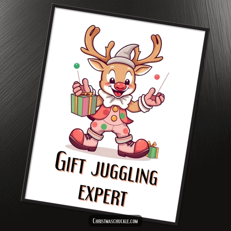 Funny kawaii reindeer clown juggling presents, festive poster, holiday wall art, humorous decoration.