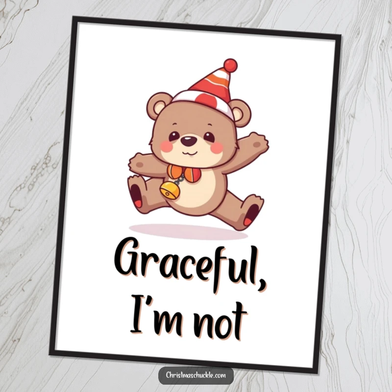 Funny bear poster showing a bear in a clown hat and bells, humorously tripping, adding festive fun to walls.