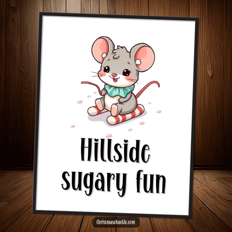 Funny poster capturing a small mouse in a clown collar speeding down a glorious candy cane hill.