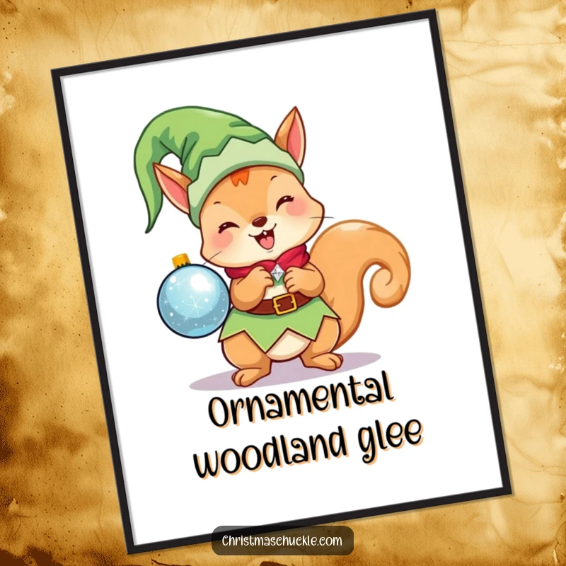 Funny Kawaii Elf Squirrel Poster: A cute Christmas character dressed as an elf, excitedly holding a sparkling ornament, ideal wall decor.