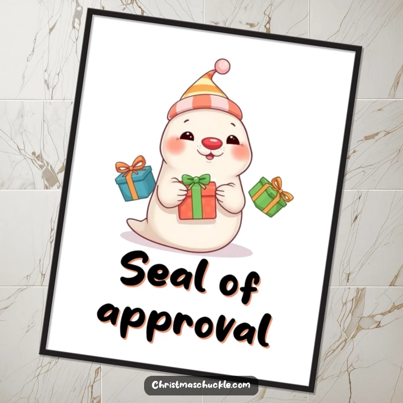 Funny seal clown in a hat and red nose juggles three presents, whimsical and humorous wall art.