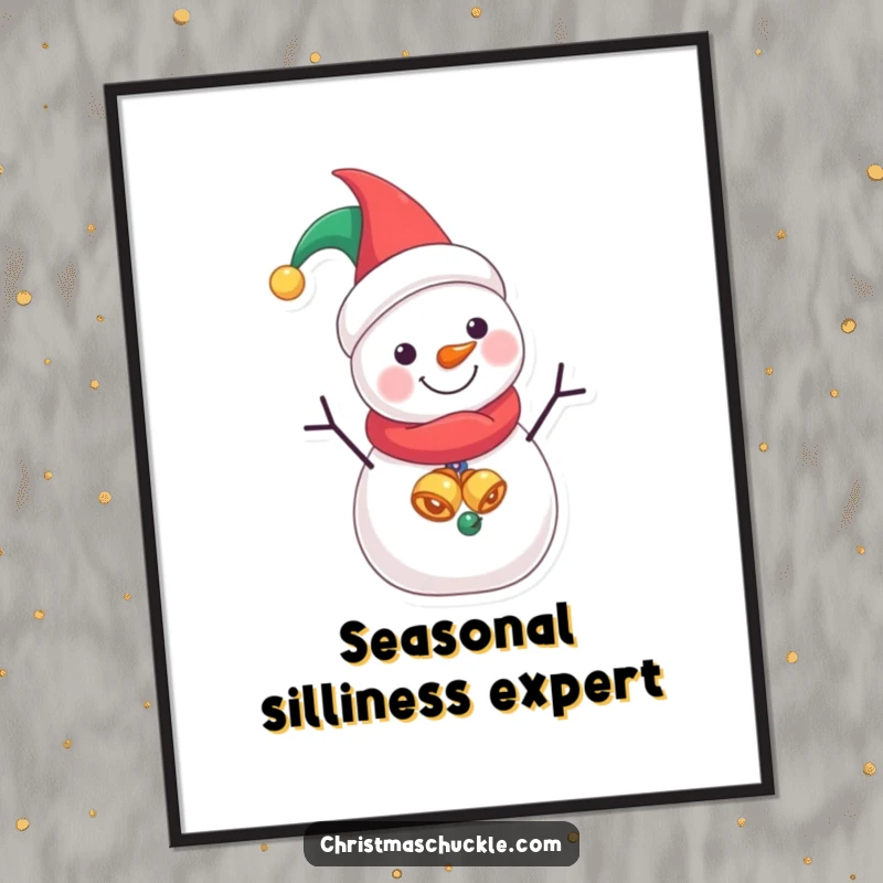 Funny Jester Snowman poster, a jovial character adorned in a jester's cap, bringing festive and comical winter artistry.