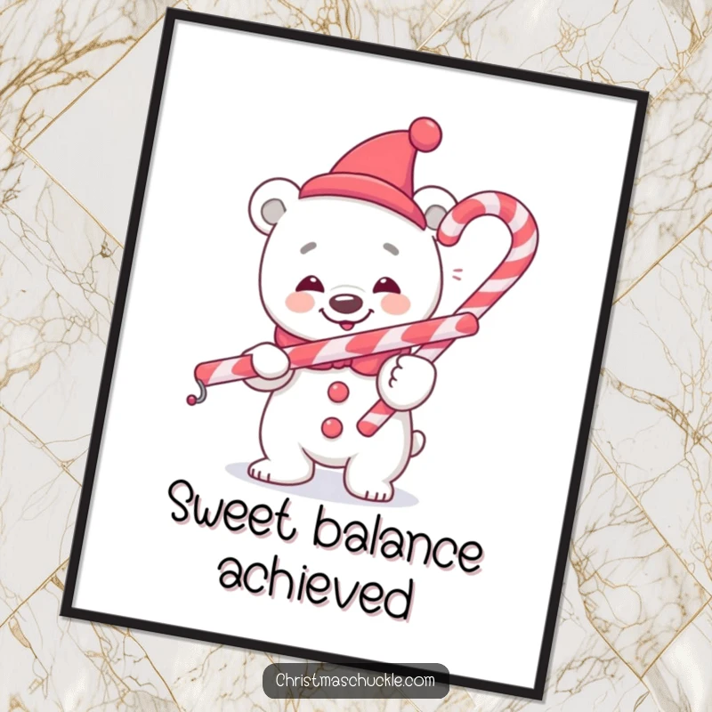 Funny polar bear clown poster, cheerful art, balancing a candy cane with a comical wobble, perfect for wall decor, funny gift.
