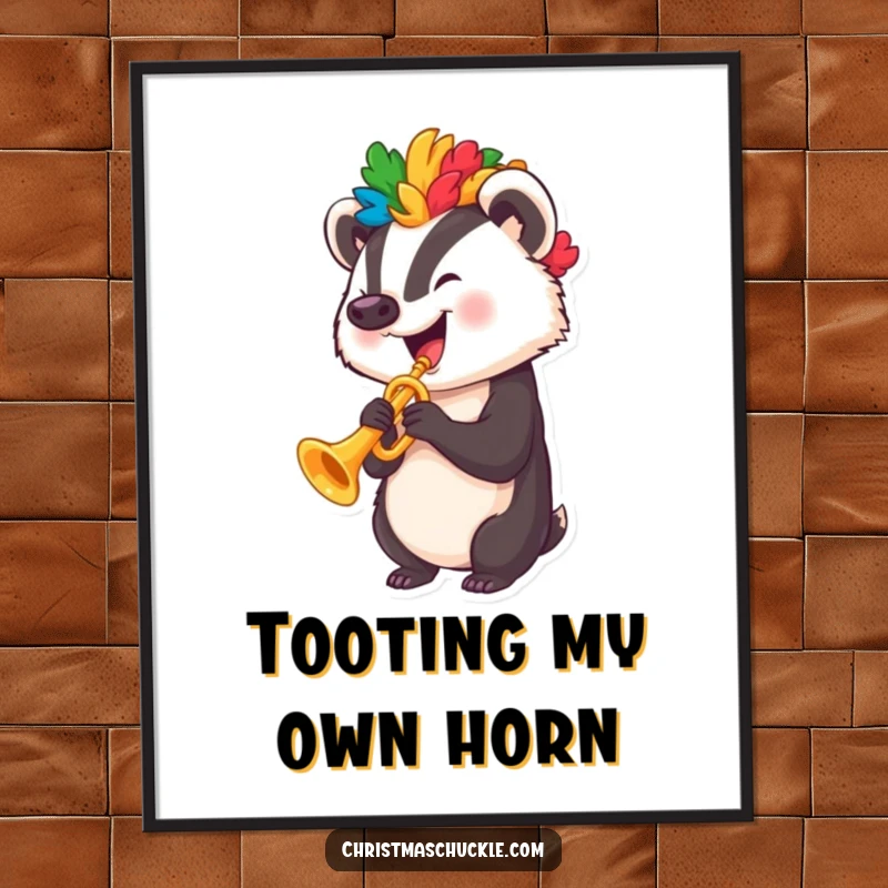 Funny badger with a colorful clown wig playing a tiny trumpet, displayed as a cheerful and funny poster.