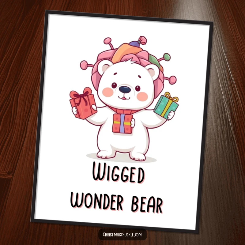 Funny poster of a curious polar bear wearing a silly clown wig, juggling three presents with whimsical flair, perfect for adding humor.