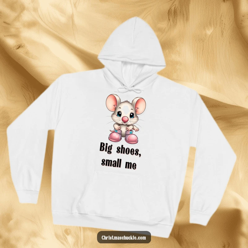 Funny little mouse character with a clown nose and oversized shoes, printed on a cozy hoodie, offering warmth and a touch of circus fun.